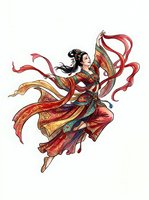 Woman in traditional Asian red and gold ornate robes with flowing ribbons, isolated on white background, suitable for design projects, apparel, and decorative applications.