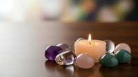 Healing crystals and burning candle arranged on wooden surface for meditation, wellness and spiritual practices in calm atmosphere.