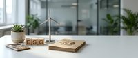 ESG wooden blocks with wind turbine model on office desk representing environmental social governance sustainability concepts in corporate business setting.