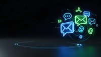 Digital communication platform with glowing email and messaging icons floating above circular stage on dark background for marketing presentations.