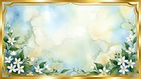 Watercolor floral frame with white flowers and green leaves on soft blue yellow background for wedding invitations greeting cards scrapbooking projects.