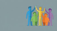 Diverse group of colorful human figures standing together in unity, representing teamwork, inclusion, diversity and community collaboration concept.