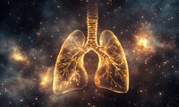 Glowing golden human lungs with detailed bronchial tree structure floating in cosmic space with stars and nebula, medical science concept for respiratory health.