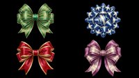 Festive gift bows set with green, red, blue, and purple ribbons, isolated on transparent background, ready for T-shirts, stickers, clipart, and print on demand.
