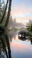 Opossum drinking from tranquil forest stream at dawn with misty atmosphere and pink sky reflections in water surrounded by lush ferns and moss-covered trees.
