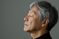 Side profile of mature Asian man with gray hair and black turtleneck sweater against gray background, eyes closed in peaceful contemplative expression.