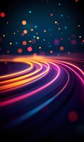 Glowing curved light trails with colorful bokeh effects on dark background create dynamic motion perspective, suitable for technology and future concepts.