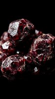 Dark red garnet gemstones with rough natural texture on black background for jewelry design and mineral collection displays.