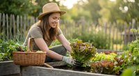 Young woman gardener harvesting fresh lettuce in organic vegetable garden during golden hour sunset with wicker basket for healthy farm lifestyle.