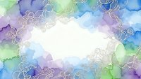 Watercolor background with ornate floral border in purple, blue and green tones. Decorative frame with swirls and flourishes for wedding invitations and cards.