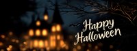 Spooky Halloween banner with glowing haunted house silhouette, bare tree branches, flying bats and elegant Happy Halloween text against dark night sky with bokeh lights.