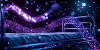 Magical night scene with glowing purple particles flowing over empty stadium seats creating ethereal light trails against dark background with bokeh effects.