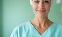 Smiling female healthcare worker wearing scrubs and head covering against mint green background, representing medical staff and patient care services.