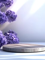 Round wooden platform with purple hydrangea flowers against soft gradient background, creating elegant product display space for cosmetics and luxury items.