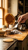 Hand flipping golden pancake with spatula in rustic kitchen with warm morning light streaming through window creating cozy breakfast cooking atmosphere.