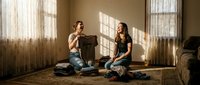 Young couple sitting on wooden floor in sunlit living room having intimate conversation during golden hour with warm natural lighting streaming through windows.