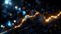 Abstract digital wave with golden light trail on dark background with blue bokeh effect, representing data visualization or financial market analysis.