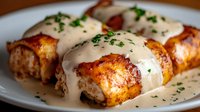 Golden seared chicken rolls stuffed with savory filling, topped with creamy white sauce and fresh herbs on white plate for gourmet cooking content.