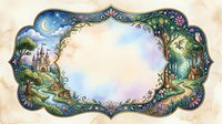 Ornate fantasy frame with castle, moon, stars and magical forest elements creating decorative border for fairy tale designs and storytelling projects.