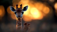 Young giraffe portrait with warm golden sunset bokeh background in African savanna wildlife photography for nature and animal themed projects.