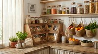 Zero waste pantry with glass storage jars, wooden shelving, hanging produce bags, potted herbs, and sustainable kitchen organization for eco-conscious home storage and sustainable living.