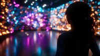 Young woman silhouette against colorful bokeh lights reflecting on water surface at night, dreamy atmospheric scene with blurred city lights and magical mood.