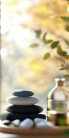 Balanced zen stones with massage oil bottle on wooden surface against soft bokeh background, creating peaceful spa atmosphere for wellness and relaxation.