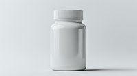 White plastic medicine bottle with blank label on light background, minimalist pharmaceutical packaging mockup for supplement or prescription drugs.