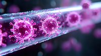 Microscopic view of pink glowing virus particles in glass tube with detailed protein spikes and molecular structure against dark background for medical research visualization.