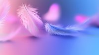 Delicate white feathers floating on pink and blue gradient background with soft focus effect, creating dreamy atmospheric composition for wellness designs.