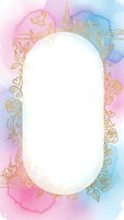 Watercolor frame with gold floral ornaments and castle silhouettes on pastel background. Oval border design for invitations, cards and romantic projects.