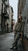 Young woman in olive green hoodie and pants standing in narrow urban alley between brick buildings with fire escapes, looking up thoughtfully in moody street setting.