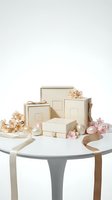 Elegant beige gift boxes with pink flowers and ribbons on white table for special occasions and celebrations.