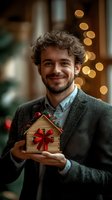 Happy young Caucasian man in suit holding miniature wooden house with red bow as Christmas gift with warm bokeh lights in cozy home interior.