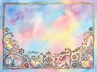 Watercolor frame with ornate floral border and pastel rainbow background for wedding invitations, greeting cards, and decorative design projects.