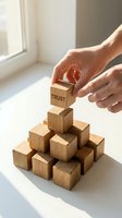Hands placing wooden block with TRUST text on pyramid of cubes representing business foundation building and leadership development concepts.