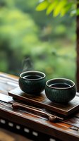 Two traditional ceramic tea cups filled with dark tea on wooden tray with chopsticks against blurred green nature background for relaxation and mindfulness.
