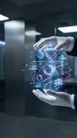 Scientist in white gloves holding glowing holographic network with digital data visualization, gears and circuit patterns in modern laboratory setting for technology and innovation concepts.