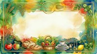 Colorful farm-to-table border frame with fresh produce, bread basket, and dishware on cream background. Ideal for restaurant menus, recipe cards, and food packaging designs.