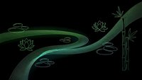 Zen garden with flowing green lines, lotus flowers and bamboo on black background for meditation and wellness design projects.