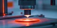 Advanced 3D printer nozzle creating glowing orange filament layer on build platform in modern manufacturing facility for additive production technology.