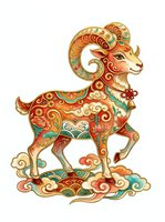 Ornate goat with decorative swirls and floral patterns in gold, red, and turquoise on isolated white background, suitable for clipart and design projects.