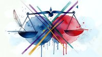 Abstract justice scales with colorful geometric shapes and paint splatters on white background. Modern legal concept with blue and red balance design.