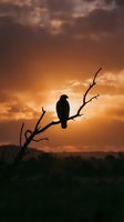 Silhouette of a bird perched on a bare branch against a dramatic golden sunset sky with warm orange and brown clouds, suitable for nature and wildlife backgrounds.