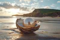 Pearl in seashell on sandy beach at sunset with dramatic coastal cliffs and golden sunlight reflecting on ocean waves creating magical atmosphere.