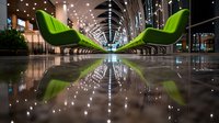 Modern green chairs in contemporary airport terminal with reflective floor creating mirror symmetry and architectural lighting design elements.