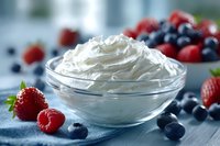 Fresh whipped cream in glass bowl with strawberries, blueberries and raspberries on blue textile background, perfect for dessert recipes.