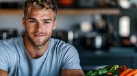 Young handsome Caucasian man smiling in modern kitchen with fresh vegetables, healthy cooking lifestyle concept for meal preparation and nutrition.