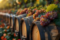 Fresh ripe grapes on wooden wine barrels in warm sunset light, selective focus on colorful grape clusters with green leaves against blurred winery background.