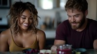 Young diverse couple sharing joyful moment while cooking together in modern kitchen, woman laughing as man looks on with warm smile.